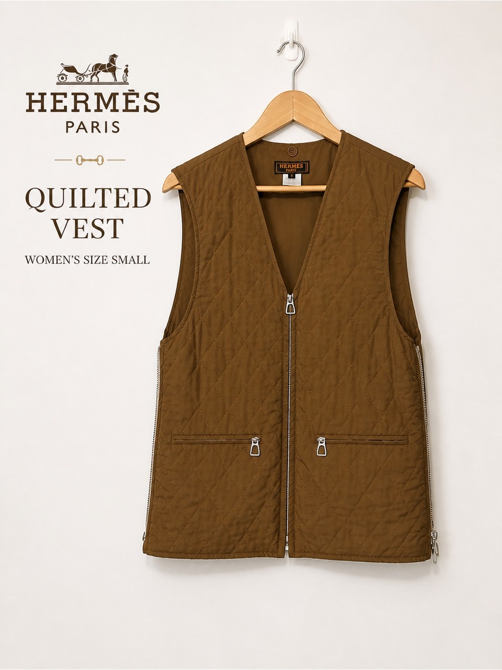 Hermès Quilted Vest Brown Equestrian Zip Front‎ Size S